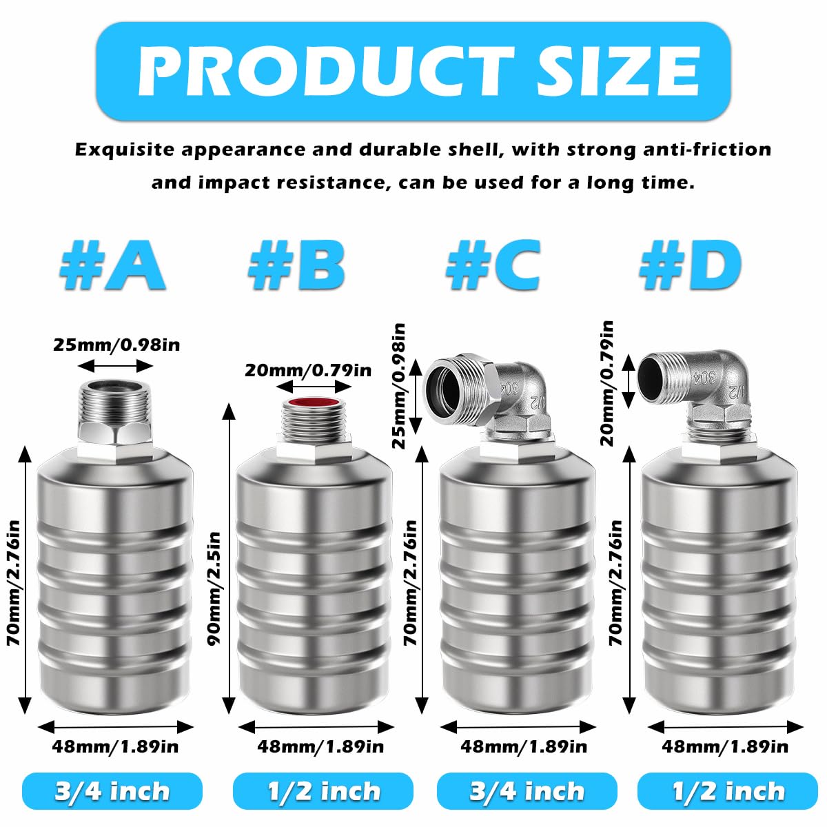 2PCS Fully Automatic 1/2" to 3/4" Water Level Control Float Valve, 304 Stainless Steel Mini Floating Ball Valve Automatic Water Level Controller for Tank
