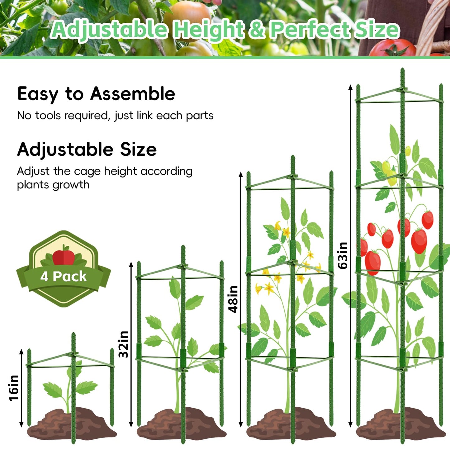 Riare 4 Pack 4 FT Tomato Cages for Garden- 48inches Heavy Duty Tomato Stakes and Supports, Adjustable Tall Tomato Plant Support Trellis for Pots, Raised Garden Bed, Climbing Vegetables Plants