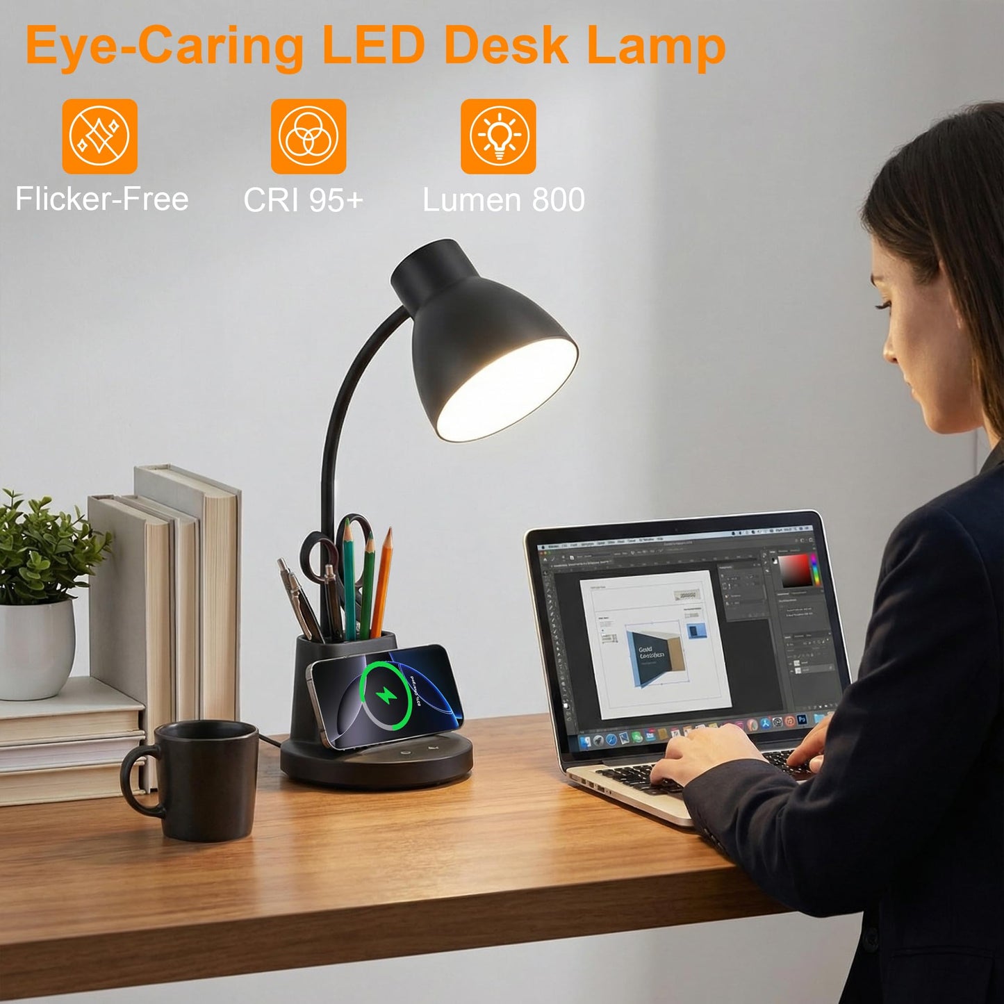 Sailstar Desk Lamp for Home Office, 10W Wireless Charging, Eye-Caring LED Desk Light, CRI 95+ 3 Color Modes Stepless Dimming Pen Holder, 360° Flexible Arm Desk Lamps for College Dorm, Adapter Included