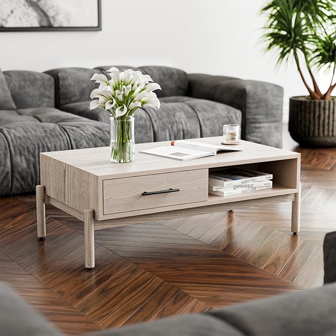 Bme Coffee Table for Living Room, Lyra Solid Wood Rectangle, Mid Century Modern