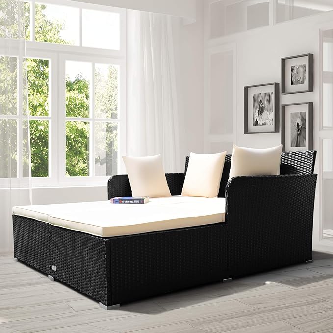 COSTWAY Outdoor Patio Rattan Daybed, Sponge Cushioned Loveseat Sofa