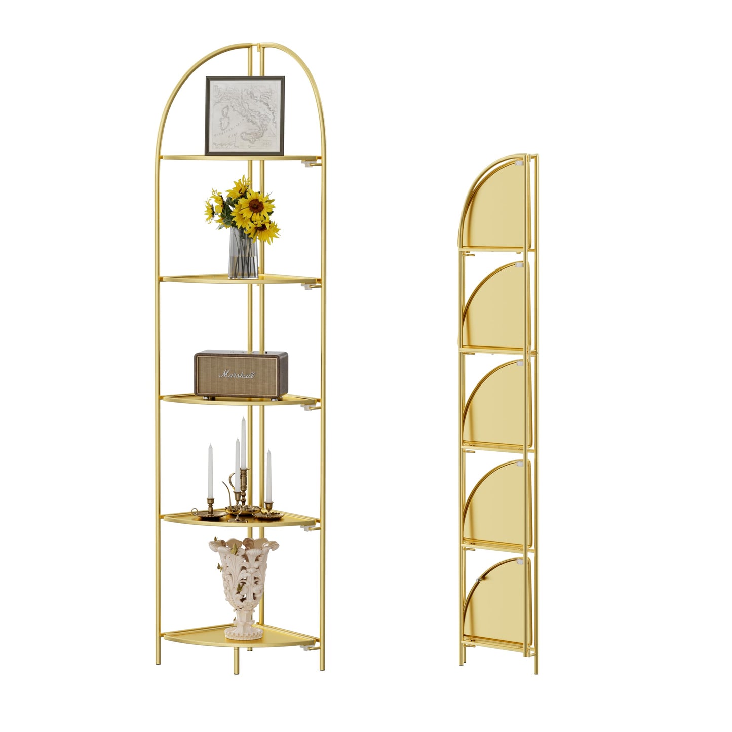 Crofy Foldable 5 Tier Corner Shelf, Metal Corner Plant Stand with Gold Frame and Gold Shelves, Corner Display Rack Multipurpose Shelving Unit for Living Room, Bedroom, Bathroom