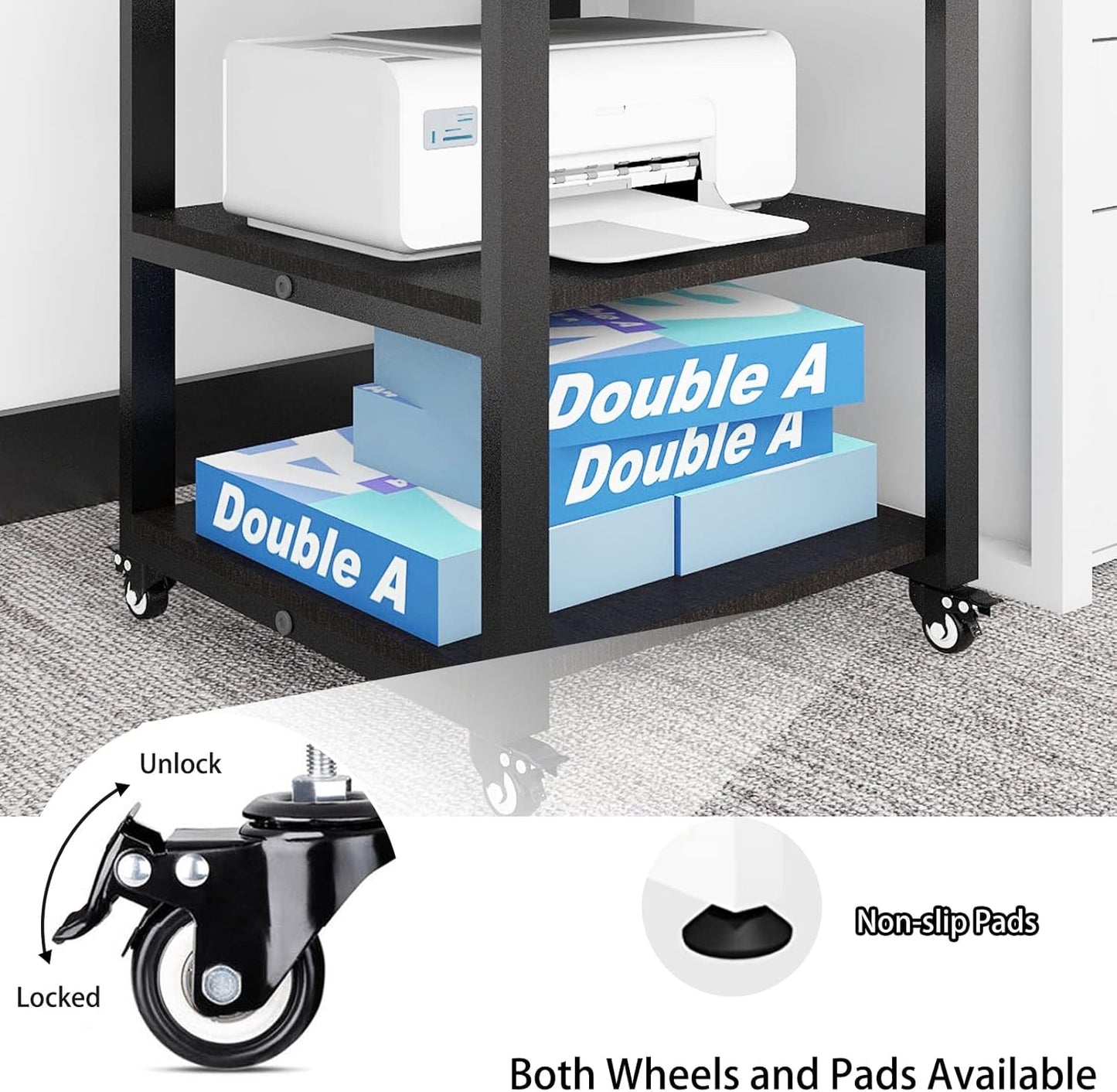 Natwind 3-Tier Laser Printer Cart,19.7''x19.7''x22.6'' Large Machine Stand,Heavy Duty Rolling Table with Storage,Floor-Standing Rack on Wheels,Paper File Organizer Shelf for Home Office (Black)