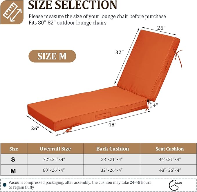 80x26x4in Lounge Cushions for Outdoor Furniture, Outdoor Lounge Chair Cushions