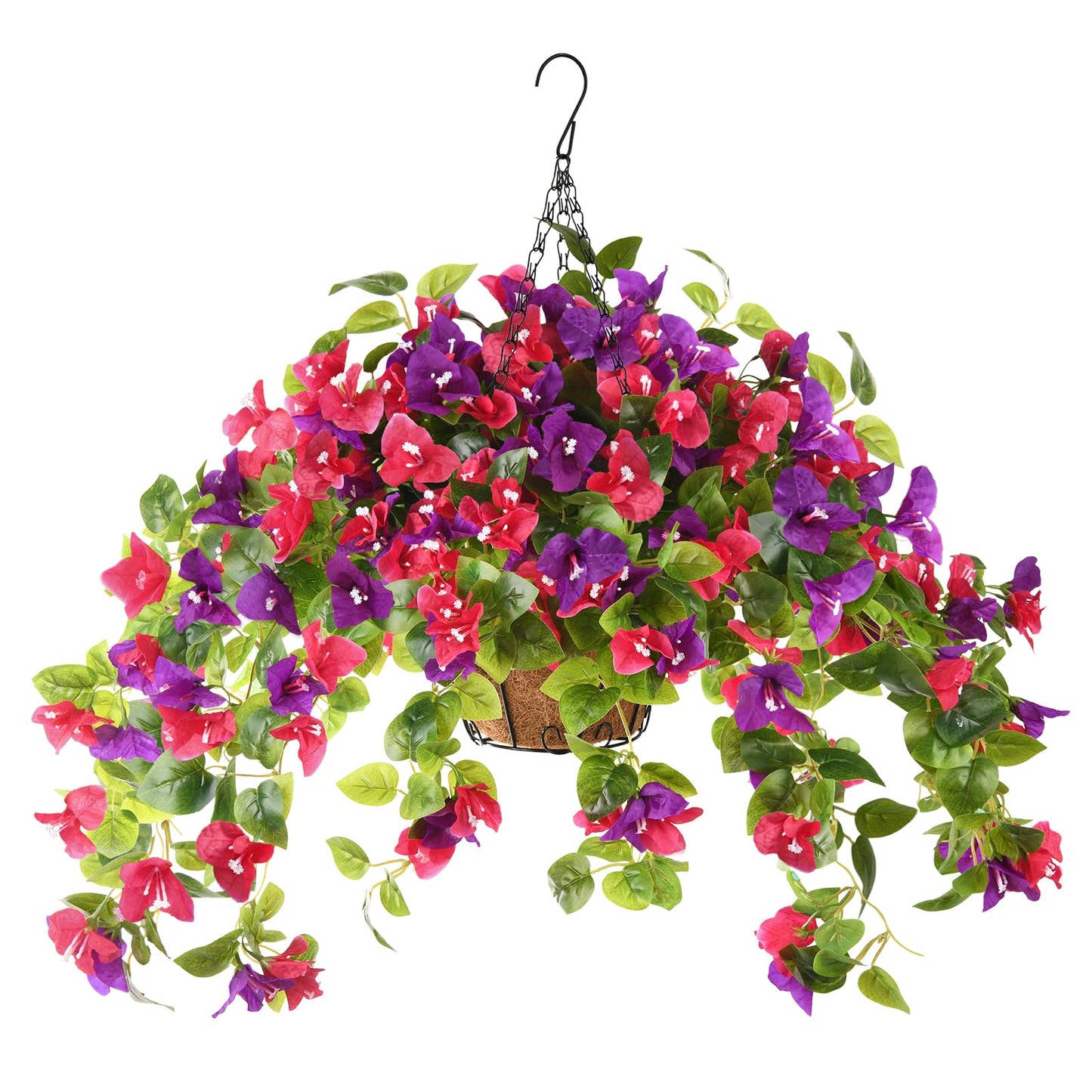 Homsunny Artificial Fake Hanging Flowers Plants Basket for Outdoor Decoration, Faux Silk Flower Bougainvillea Planter Look Real UV Resistant for Home Porch Patio Balcony Yard Spring Decor(Mix Pulple)