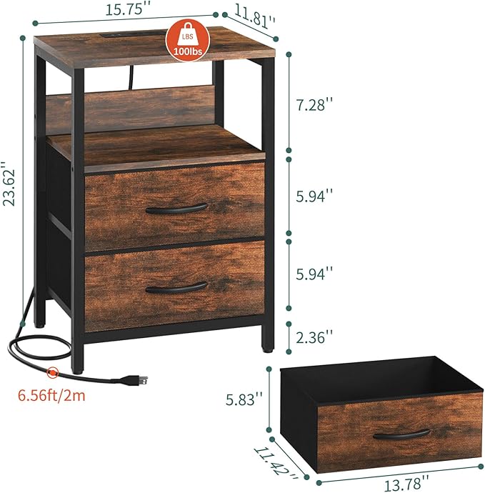 Yoobure Nightstand with Charging Station, LED Night Stand with Fabric Drawers