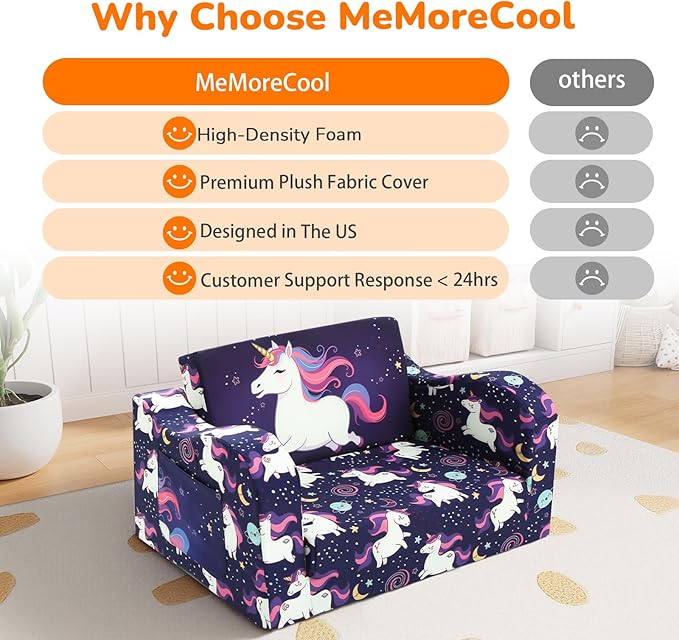 MeMoreCool Kids Folding Couch – Purple Unicorn Toddler Chair, Fold-Out 2-in-1
