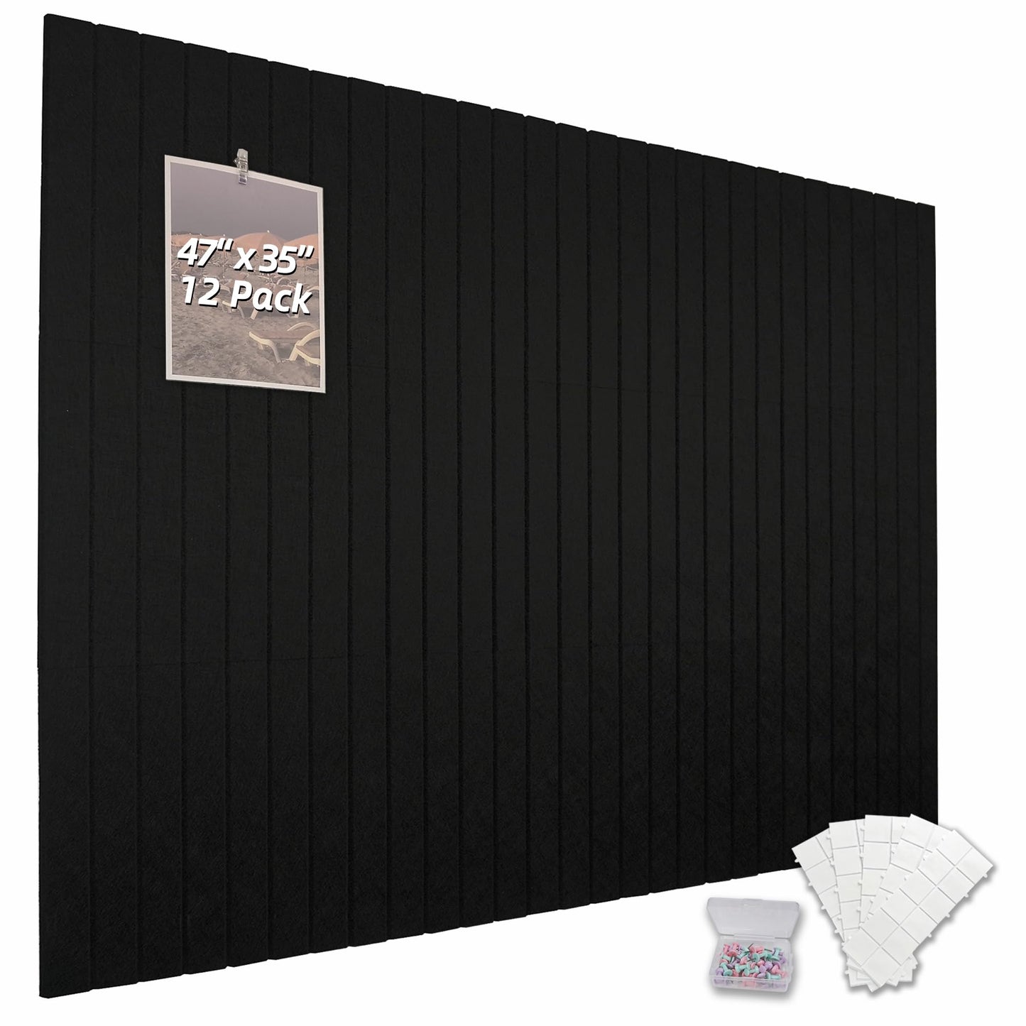 TENACR Cork Board Alternative-Felt Slat Wall Paneling,Office Bulletin Board for Decoration, Suitable for Displaying Photos and Documents, with Removable Adhesive Labels,12-Pack (Black)
