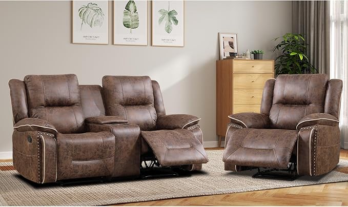EBELLO Faux Leather Manual Recliner Sofa Set, 1 Seat Reclining Chair and a