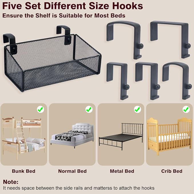 Bedside Shelf Bunk Bed Organizer Shelf Hanging Storage Metal Basket Phone Holder for Bedroom,Dorm,Office - Easy Use for Both Adult and Kids (Black)
