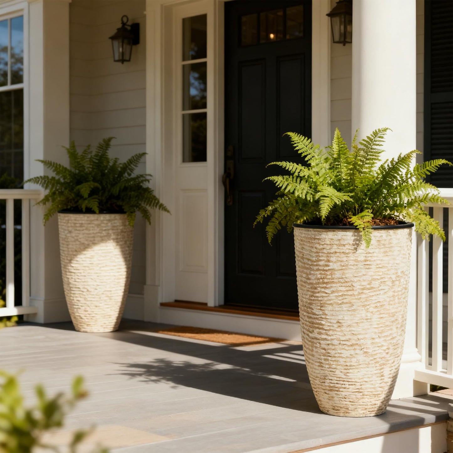 Worth Garden 21" H Beige Tall Planters set of 2 with Inside Pots - 14'' Dia Plastic Large Round Plant Tree Pots with Drain Hole - Decorative Imitation Stone Finish for Indoor Outdoor Front Porch Patio