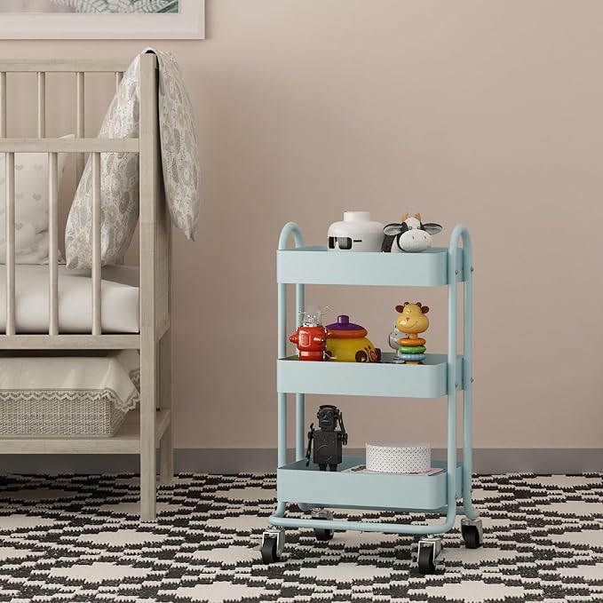 Metal Rolling Cart,3-Tier Metal Rolling Cart with Wheels,3 Tier Utility Cart with Wheels for Office,Home,Kitchen,Garden（13.4"x18.1"x31"） Blue