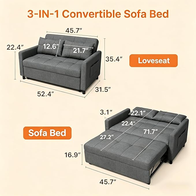 Gizoon 3-in-1 Convertible Loveseat Sleeper Couch Bed, 71.7" Extended Pull Out