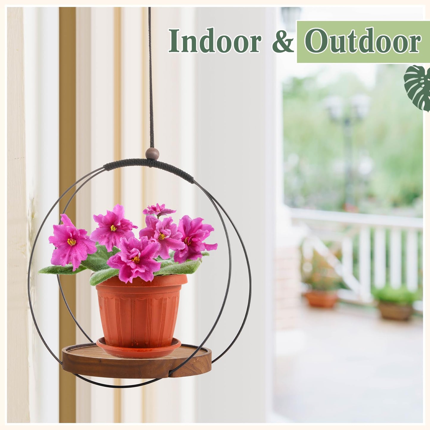 Threehoney 1 Pack Hanging Planters for Indoor Black Plant Hanger with Round Wood Base Large Indoor Hanging Plant Shelf Boho Holder Gift for Mom,housewarming (7.9 '')
