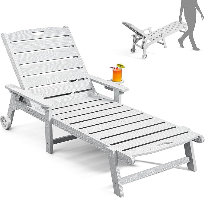 Outdoor Lounge Chair with 5-Position Adjustable, Outside Lounge Chair with Cup