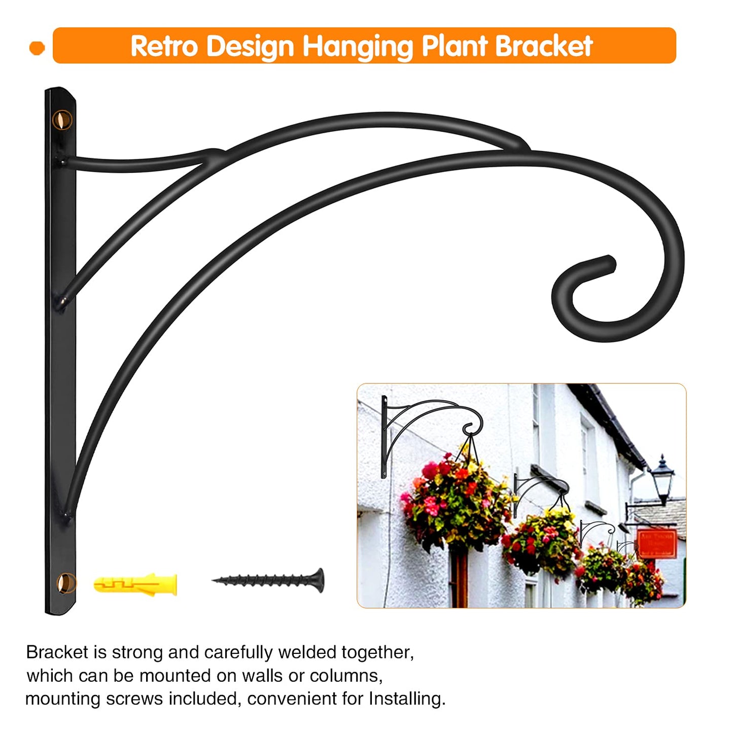 Hanging Plant Brackets, Pack of 4 Iron Hanging Basket Bracket Durable Weather-Resistant Outdoor Plant Hooks for Hanging Plant Lantern Windchime Birdhouse Metal Sign Fruit Bracket, Screw Included