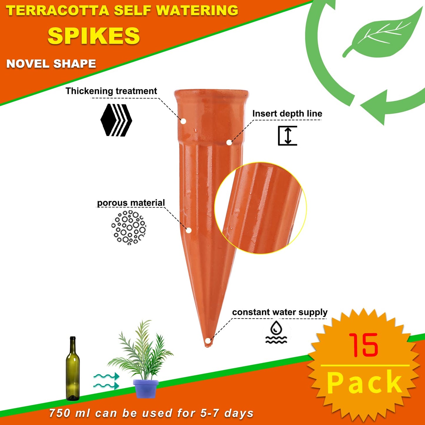 TKSCUSR Plant Self-Watering Stakes-15 Pack Terracotta Automatic Plant Waterer Devices Auto-Water Irrigation System for Indoor/Outdoor Plants