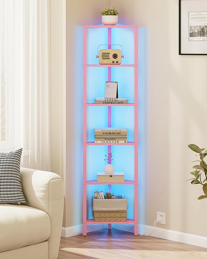 TUTOTAK Corner Shelf with LED Light, 6-Tier Corner Bookshelf