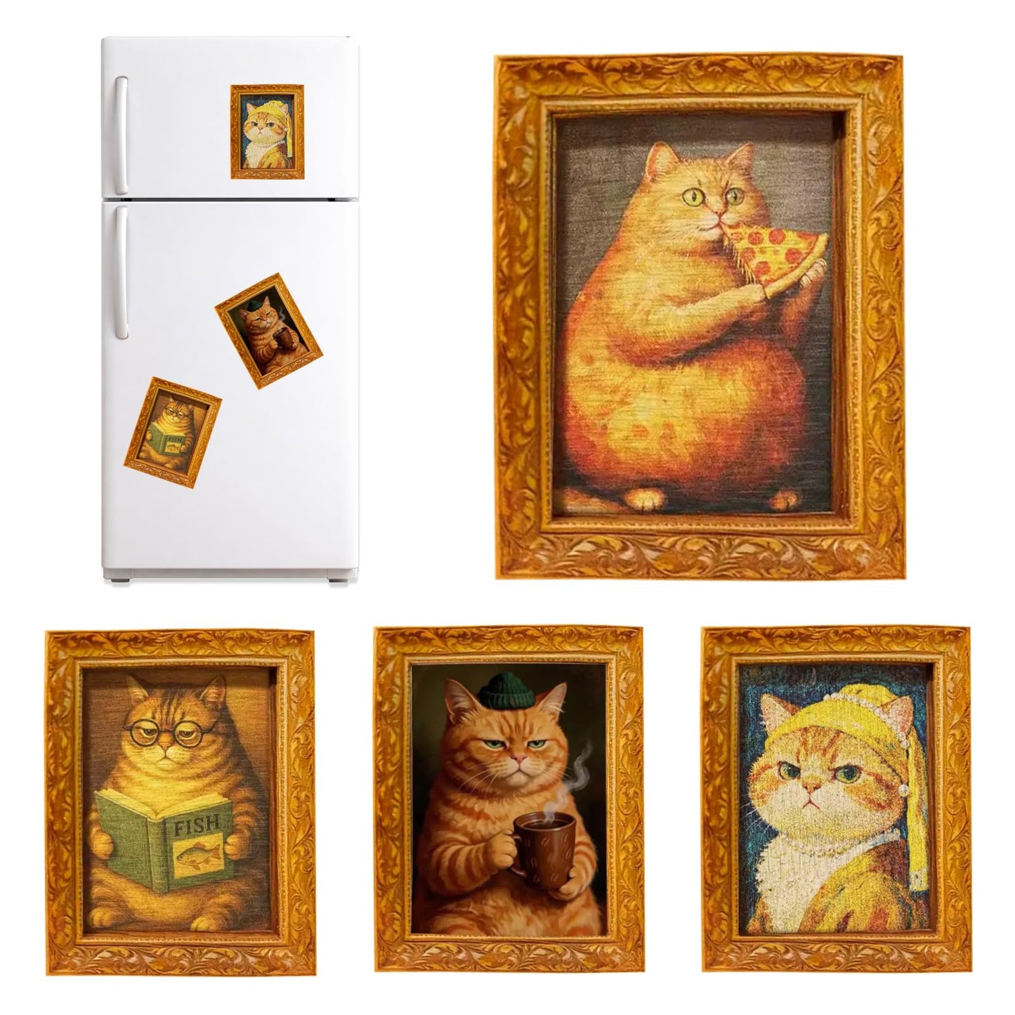 4Pcs 3D Funny Wooden Fridge Magnets Frame, Retro Cool Cat Magnetic Refrigerator Locker Magnet Photo Frames Holder for Home Kitchen Office Indoor Outdoor Decorations