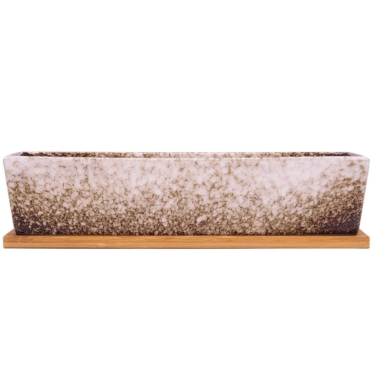 Succulent Pots - Large Succulent Planter Pots with Drainage, 12 Inch Long Rectangle Bonsai Pot with Bamboo Tray Shallow Ceramic Cactus Flower Planter Window Box for Home Garden Decor (White)