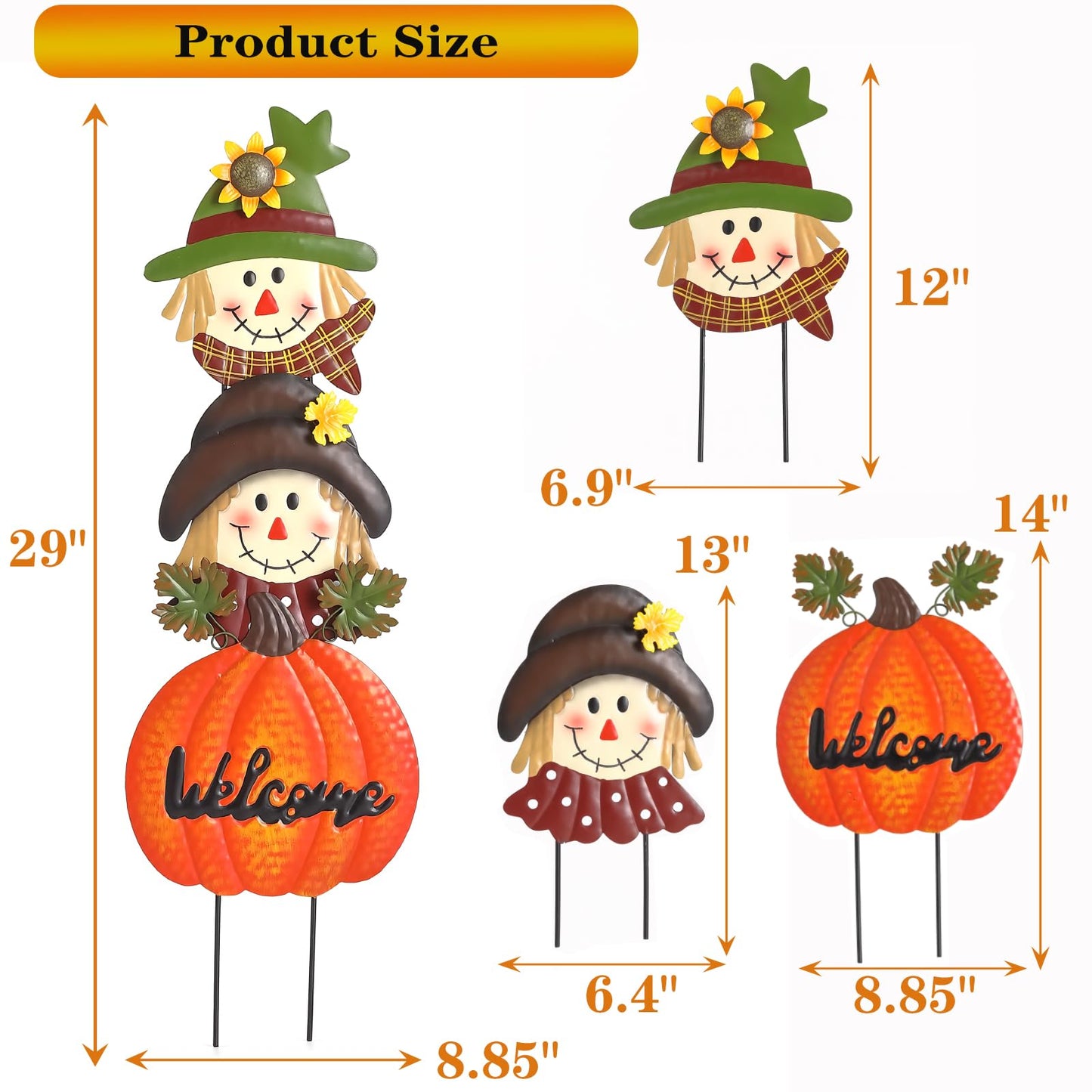 Fall Decorations for Home Outdoor, Metal Stacked Scarecrow & Pumpkin Yard Stakes, Welcome Sign Garden Stakes, Metal Yard Signs for Garden Lawn Patio Halloween/Thanksgiving Decor