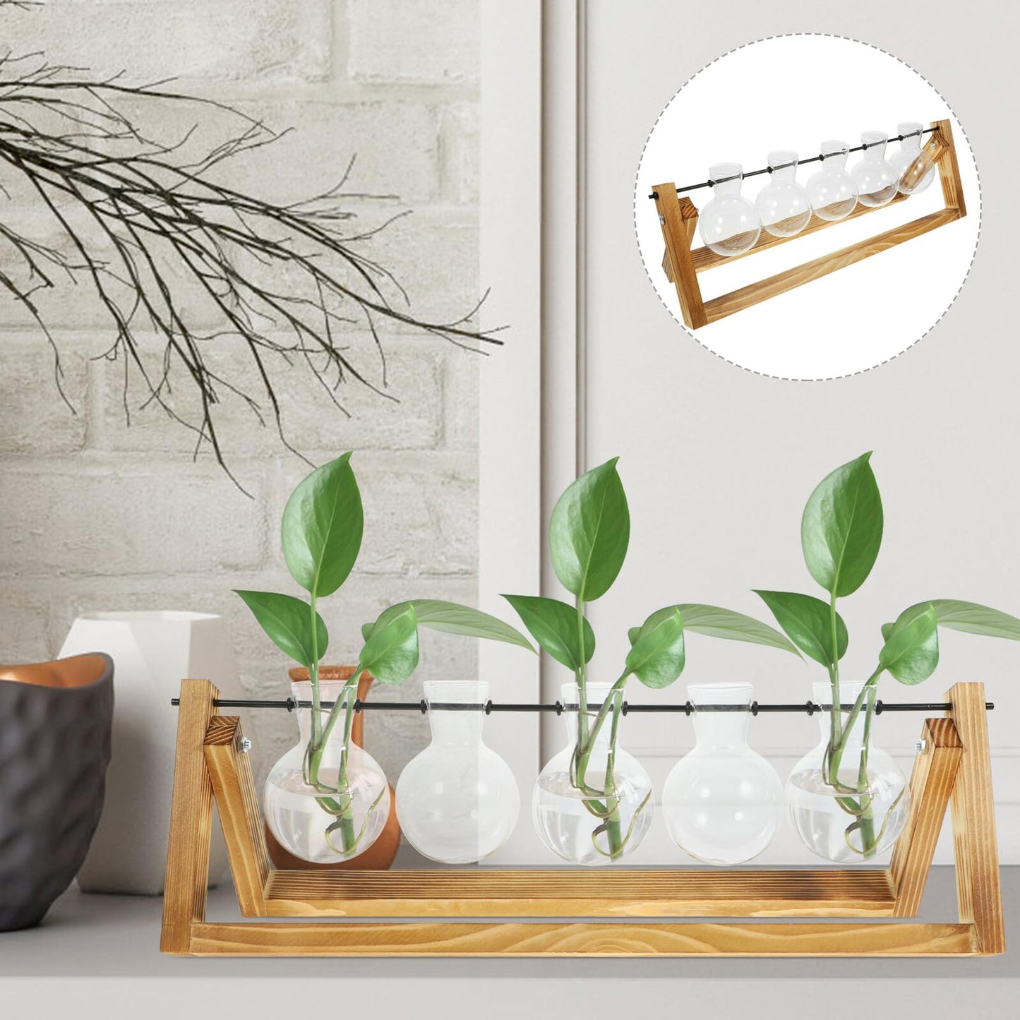 FOMIYES Glass Flower Vase Propagation Station with Wooden Stand, Hydroponic Plant Vases for Desktop Home Decoration, 5pcs Set for Indoor Green Plant Growing and Terrarium Display