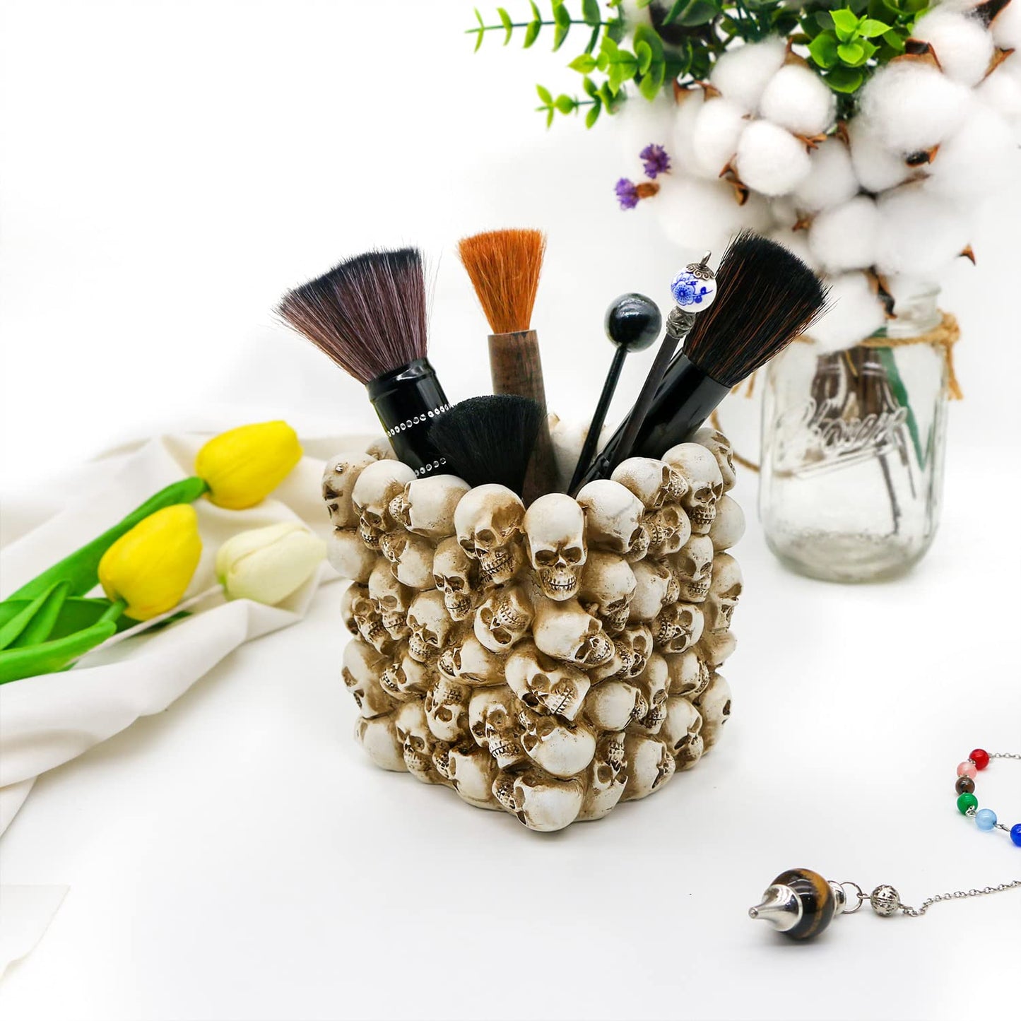 BowBei Halloween Decor Skull Pen Holder - Goth Human Skull Makeup Accessory Brush Holder for Desk Gothic Spooky Pencil Cup Desktop Storage box Organizer for Home Office Women Man Birthday Gift