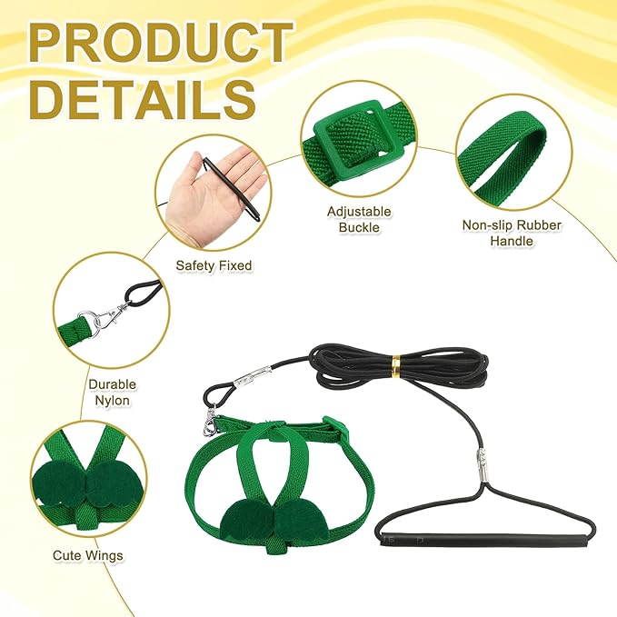 Bird Harness Leash, Adjustable Pet Parrot Bird Harness and Leash Lightweight Anti-Bite Flight Training Rope with Cute Wing, (Green, S), Intended for Parrots/Pigeons/Budgies