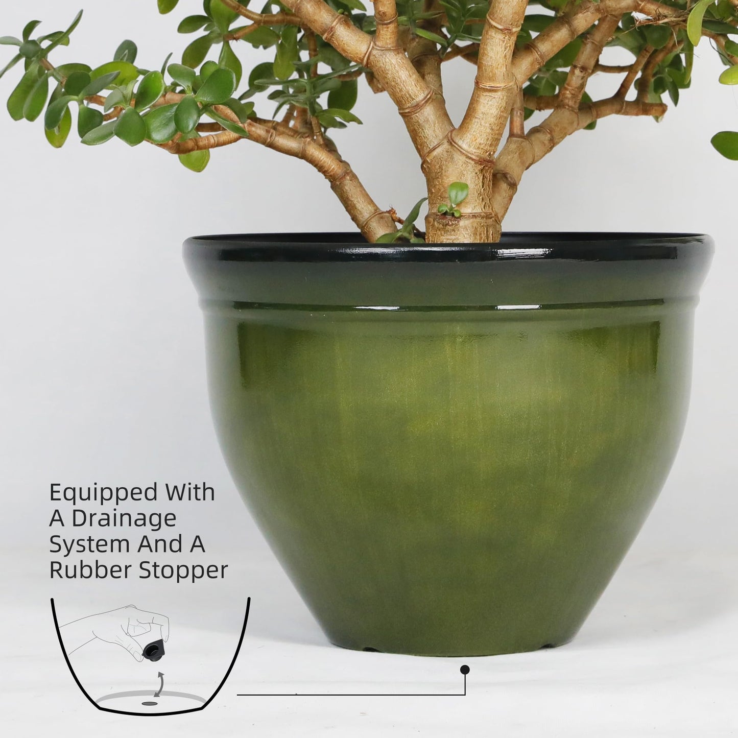 Worth Garden 16-Inch Dia. Round Green Plastic Planters with Drain Holes, 13.5-Inch Height - 2-Pack Glossy Finish Bell-Shaped Plant Pot – Lightweight Indoor/Outdoor Flower Pots