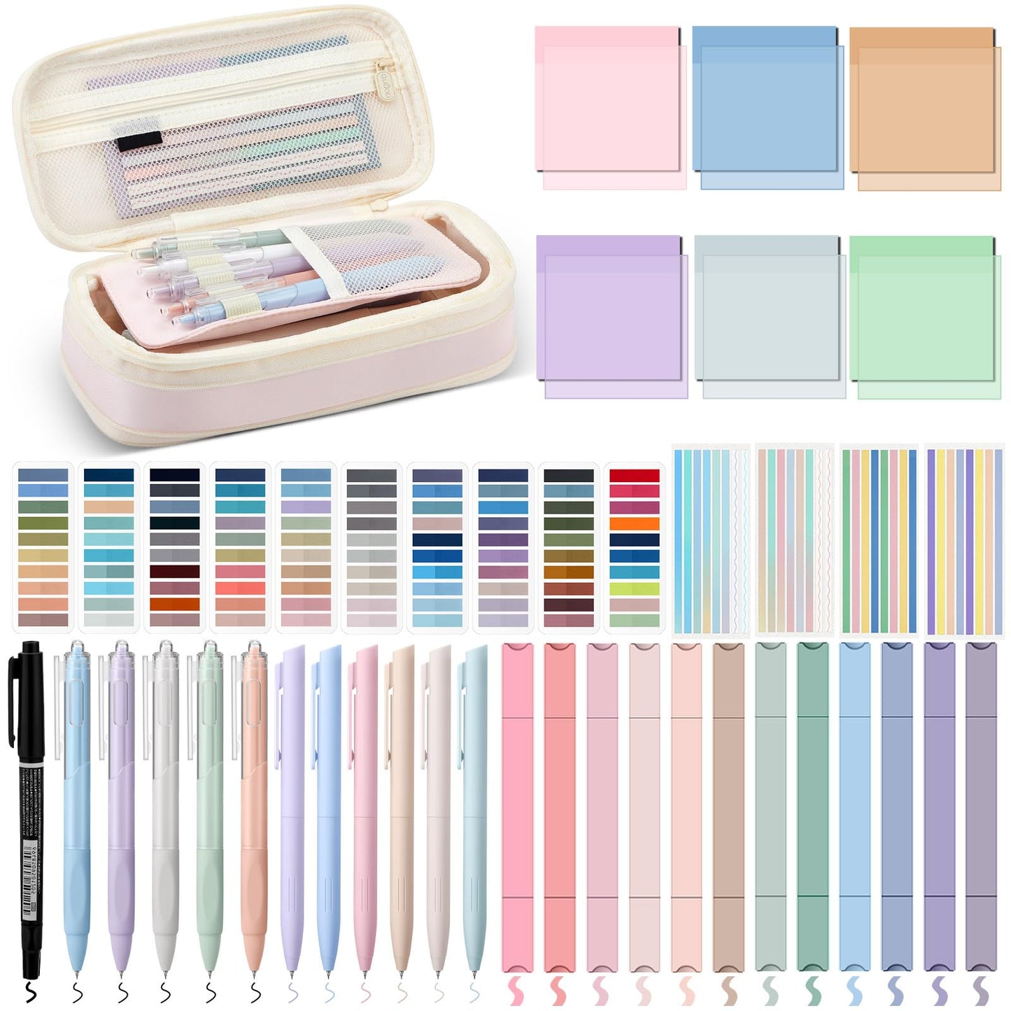 Trandraft 135 Pcs Book Annotation Kit with Pencil Case, 12 Pastel Highlighters, 11 Gel Pens, Fine Marker, 300 Transparent Sticky Notes, 2640 Index Tabs, Bible Study Supplies Kit(Classic,Pink)