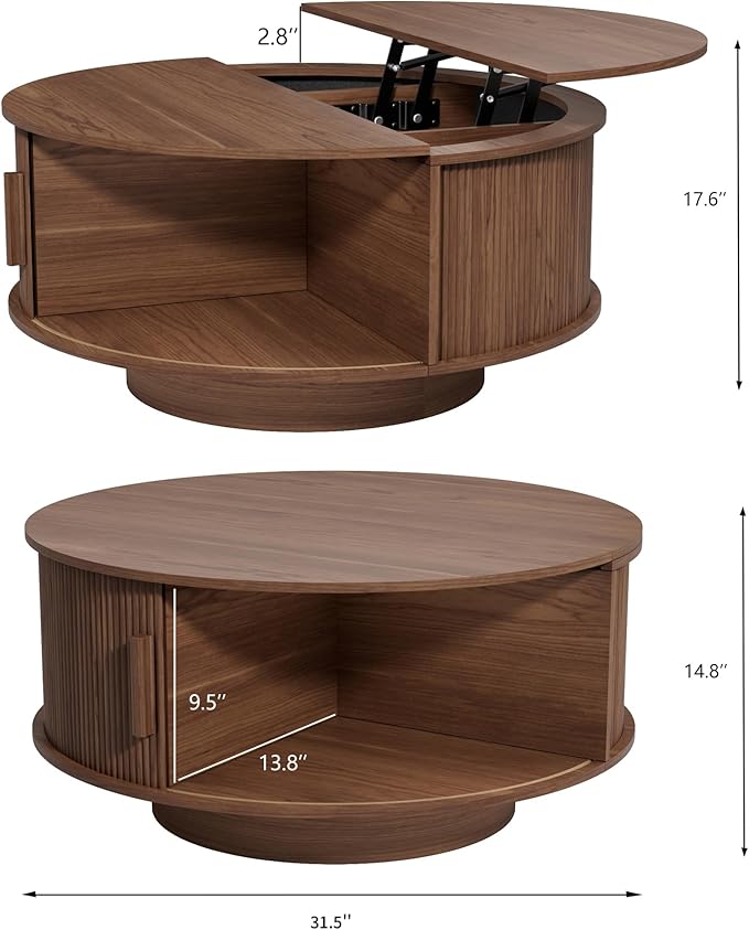 Round Lift Top Coffee Table, Mid Century Modern Fluted Circle Coffee Table