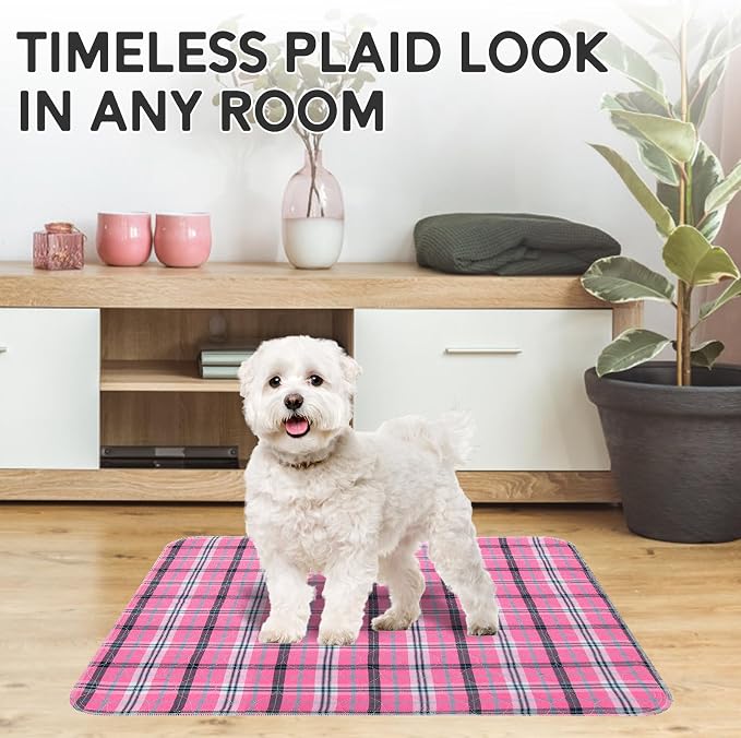 Washable Pee Pads for Dogs - 24”x36” 4PCS, Whelping Pad for Puppy Training, Playpen Crate Bed Floor Protector, Reusable Dog Potty Pads Non-Slip, Super Absorbent & Odor Controlling, Pink Plaid