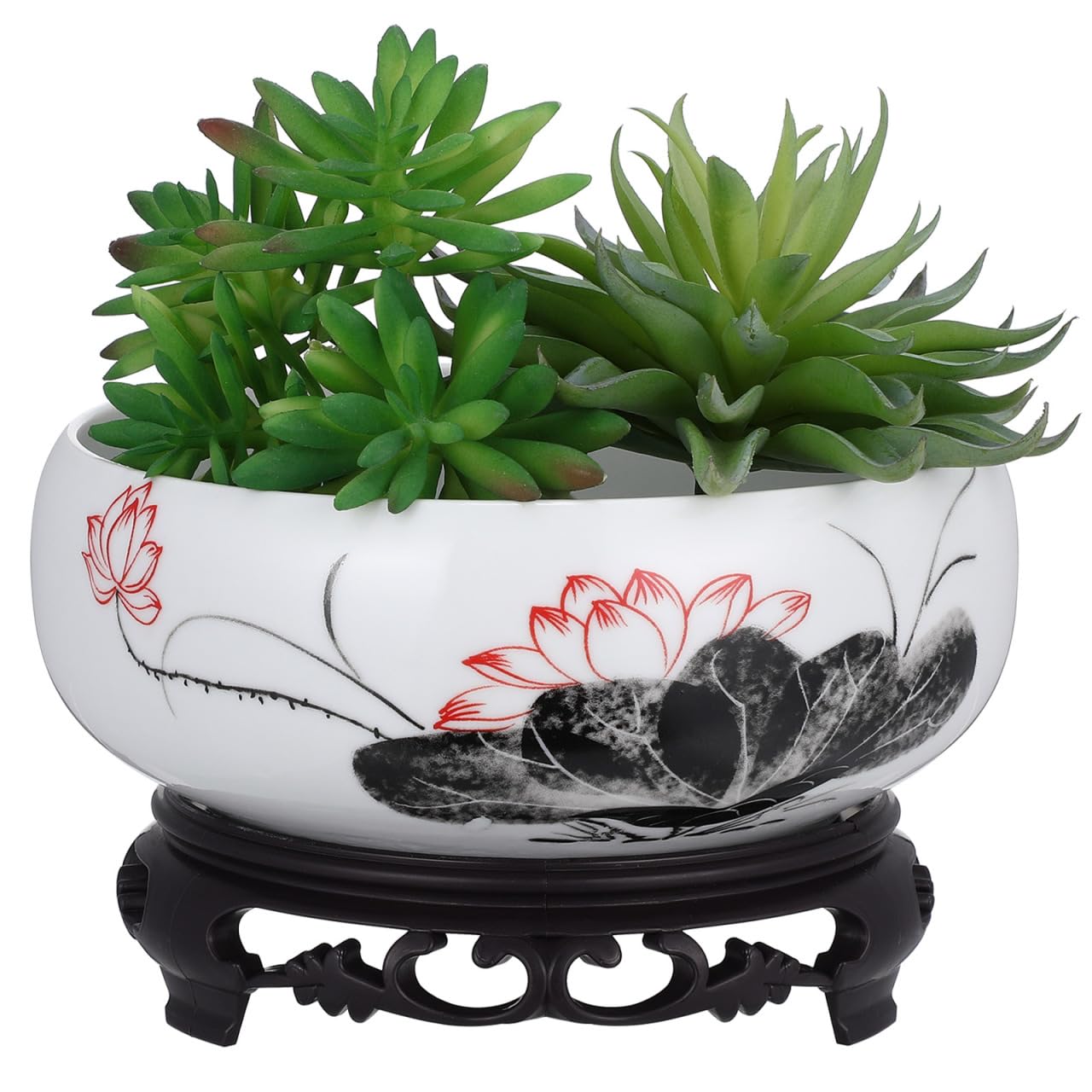 VICASKY White Ceramic Hydroponic Planter Bowl with Plastic Base - Oriental Lotus Shape Flower Pot for Daffodils, Water Plants, Lucky Bamboo & Home Decor
