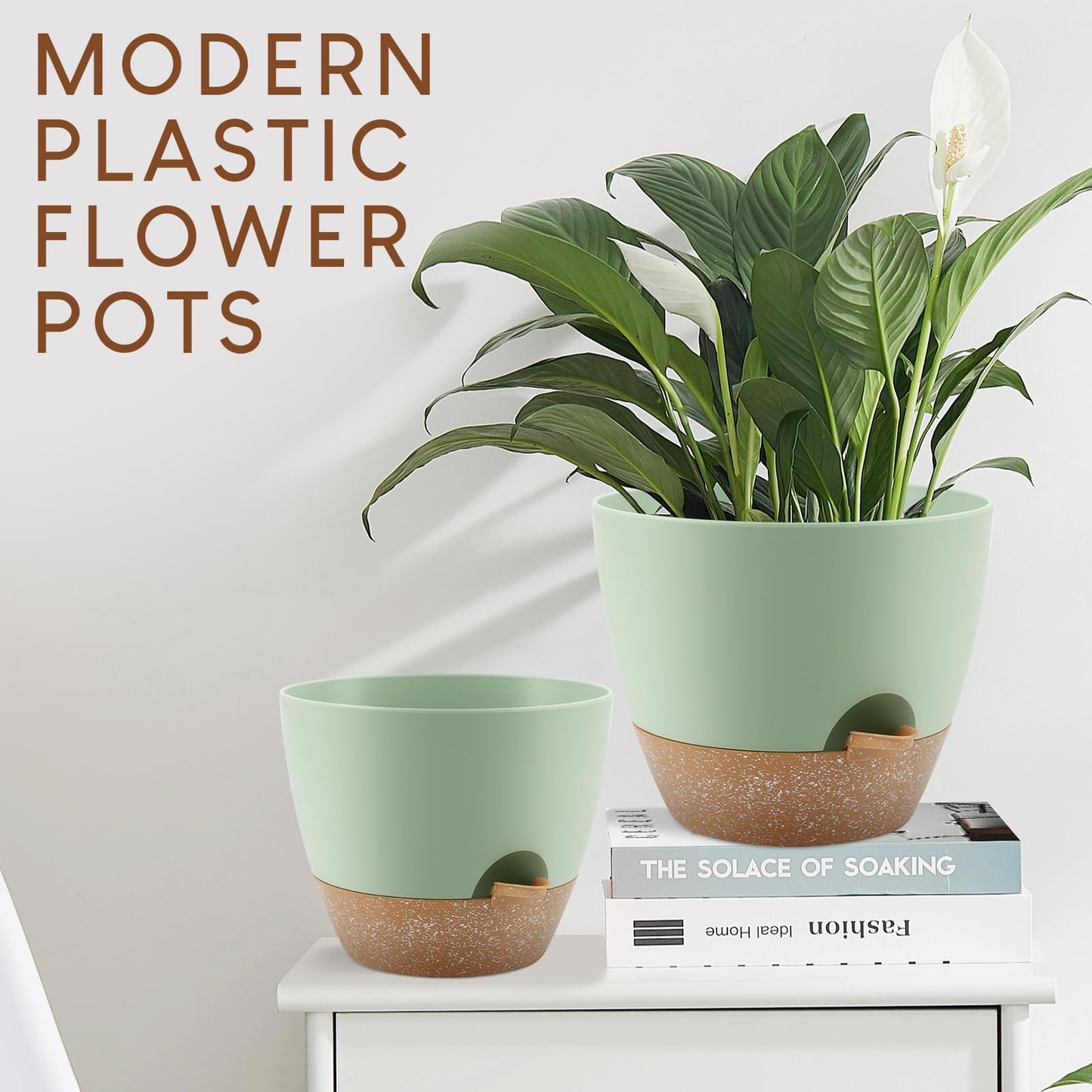 YNNICO Plant Pots 10/9/8/7.5/7 inch, Self Watering Planters with Drainage Holes & Saucers for Indoor and Outdoor Plants (Green)