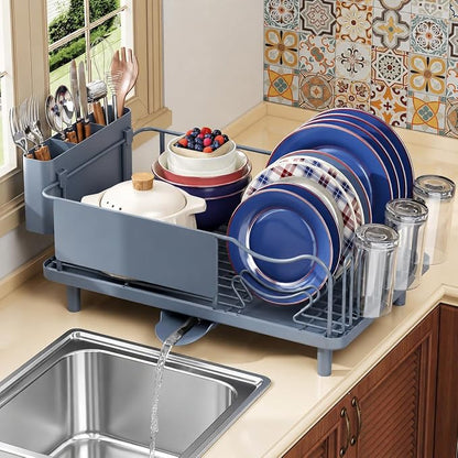 Dish Drying Rack Large Capacity - Stainless Steel Dish Rack for Kitchen Counter with Drain Board, Rustproof Dish Drainer with Auto Drain Spout, Utensil Holder & Glass Holder, Dinnerware Organizer