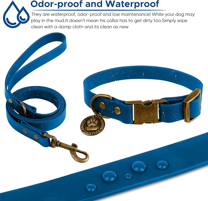 Wisedog Waterproof Dog Collar and Leash Set, S, Blue | Adjustable Puppy Collar, Cute Tag, 4FT Dog Leash, Includes Poop Bag, For Small Medium Large Dogs