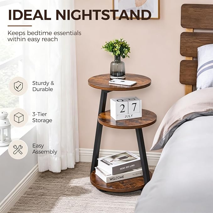 BEWISHOME Round Side Table, 3-Tier End Table, Nightstand