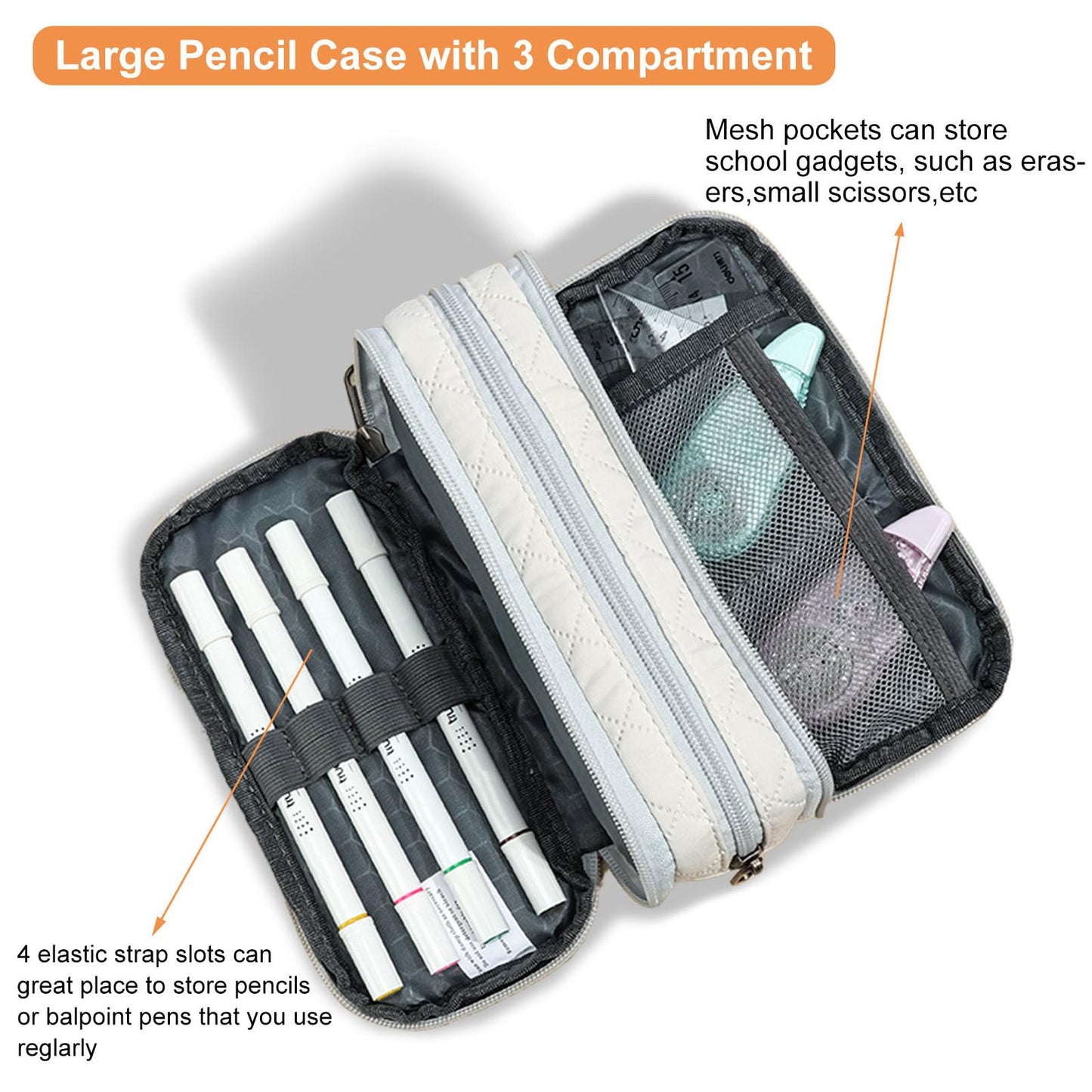 Della Gao Large Pencil Case, Big Capacity Pencil Pouch with 3 Compartments, Office Pencil Bag with Zipper, Big Pen Case for Adults (01-3Beige)