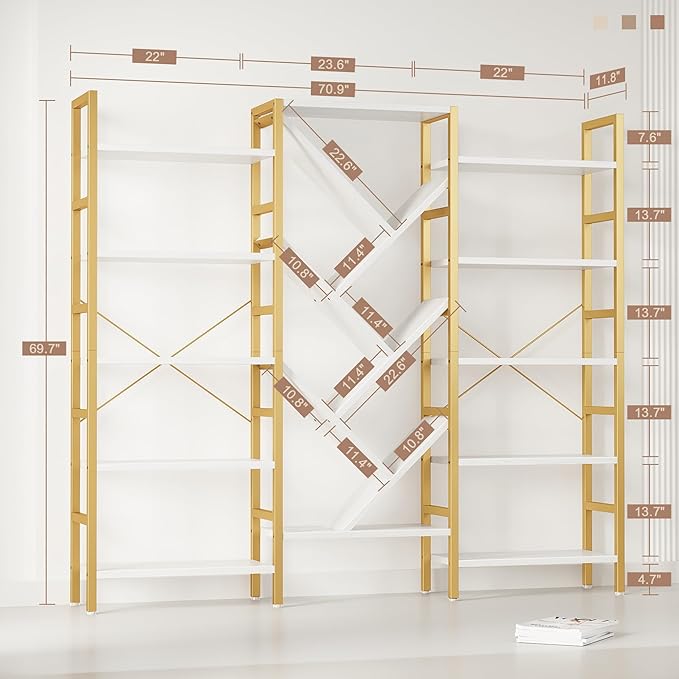 INNOD 70x70” Triple 5 Tier Book Shelf, Large Wooden Bookcase