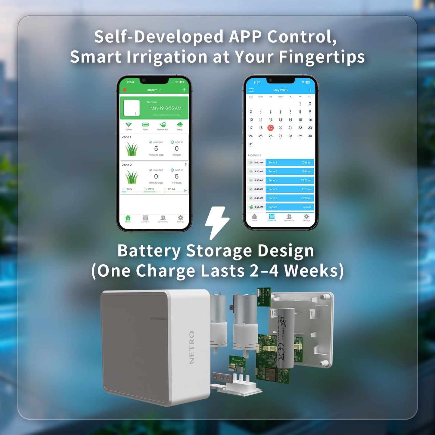 Netro Smart Indoor Drip Irrigation Watering System 2.4G WiFi APP Control Rechargeable Automatic Plant Waterer Kits with 15M Platic Pipe 2 Zones Outlet Plant Watering Device for 17 Plant Pots