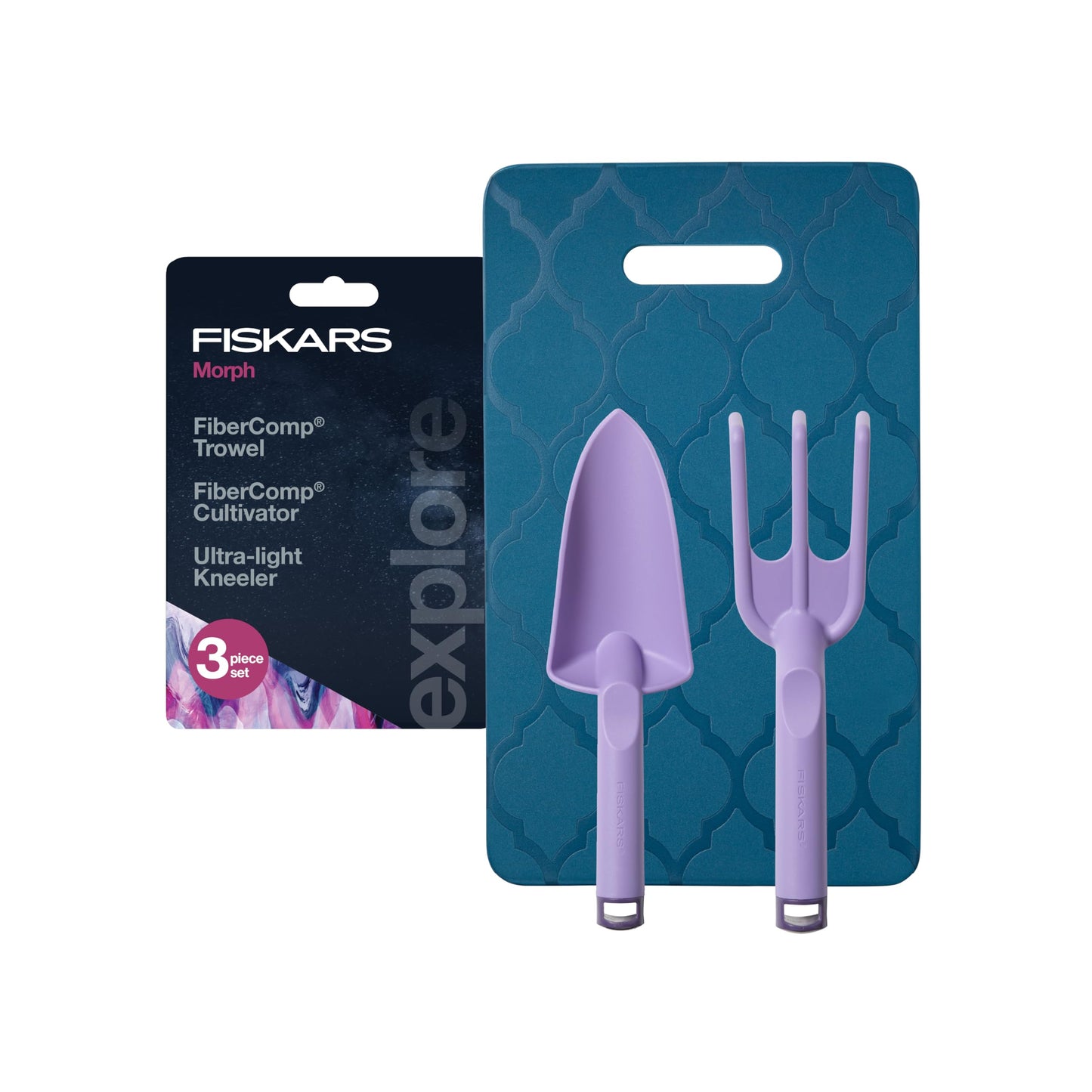 Fiskars 3-Piece Gardening Set, Explore Collection Hand Tools and Kneeler, FiberComp Trowel and Cultivator, Dual Layer Knee Pad for Digging, Weeding, and Soil Aeration, Lightweight Rustproof Design