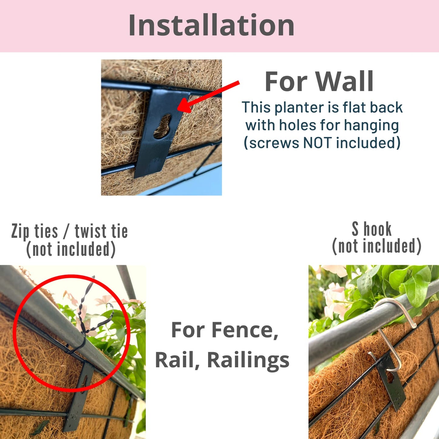 LaLaGreen Wall Planters for Outdoor Plants (2 Pack, 16 Inch) Window Flower Boxes Basket Attach to House, Deck Railing Strawberry Planters with Coco Liners BalconyTroughs Fence Patio Porch Over Rail