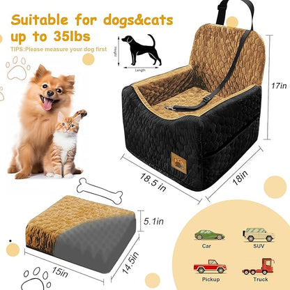 Dog Car Seat for Small/Medium Dogs, Memory Foam Dog Booster Seat, Travel Safety Per Car Seat with Washable Removable Cover, Storage Pockets for Dogs up to 35 lbs(BlackBrown)