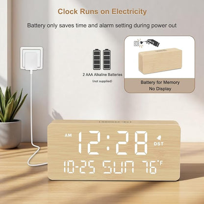 DreamSky Wooden Digital Alarm Clocks for Bedrooms with Date & Day of Week | Living Room Desk Clock, Temperature, USB Port, Dimmer Wheel, Adjustable Volume, Auto DST, Office Wood Decor (Plug-in)