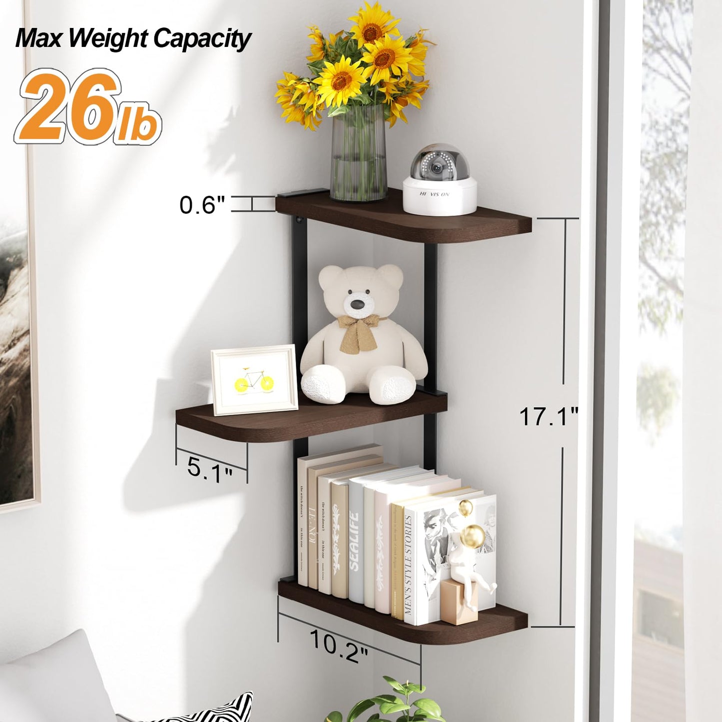 Love-KANKEI Corner Shelf Wall Mount of 3 Tier Rustic Wood Floating Shelves for Bedroom Living Room Bathroom Kitchen Office and More Dark Walnut
