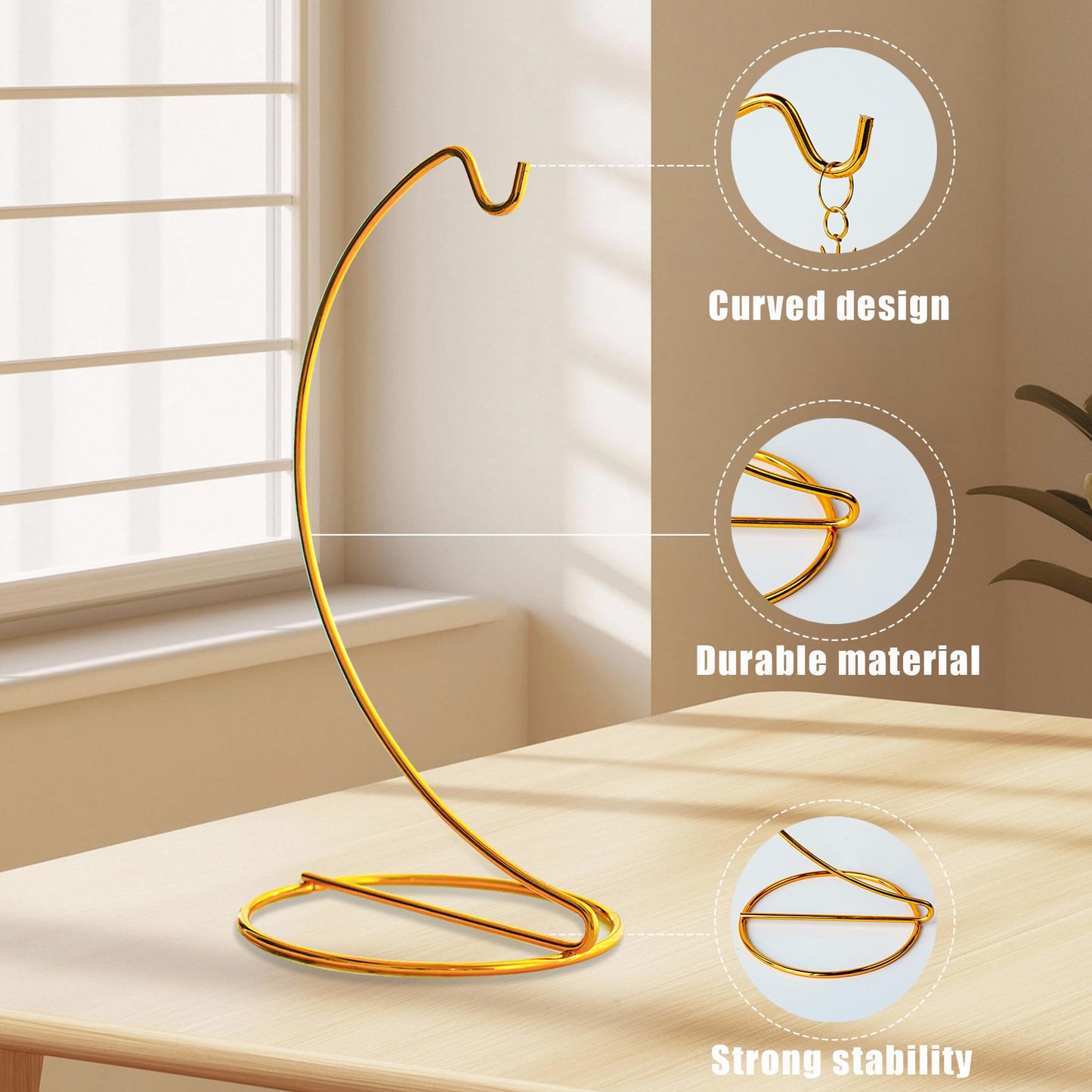 H&D HYALINE & DORA 3 Pack 9" H Ornament Display Stand Iron Hanging Stand Ornament Hanger Holder Decor Display Holder Hook for Glass Globe Air Plant Terrarium Table Decor(Gold)