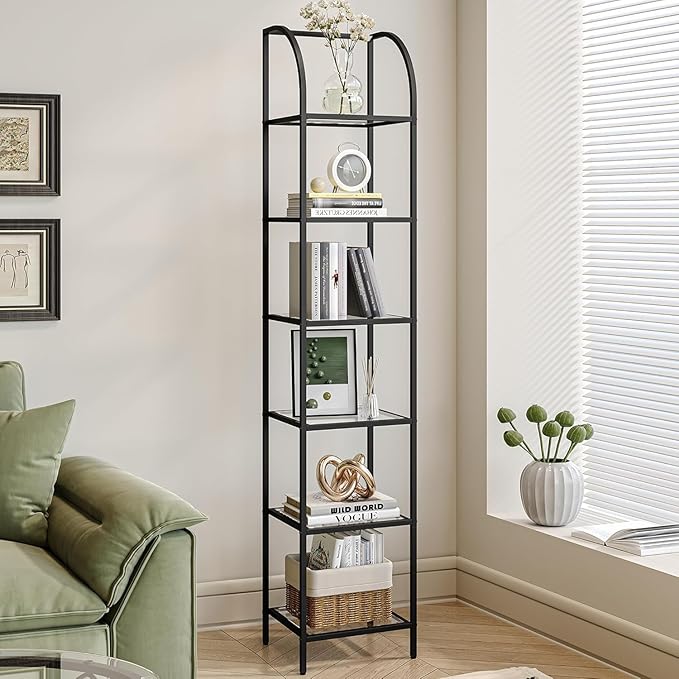 Hzuaneri Bookcase Bookshelf, Tempered Glass Arched Bookshelf