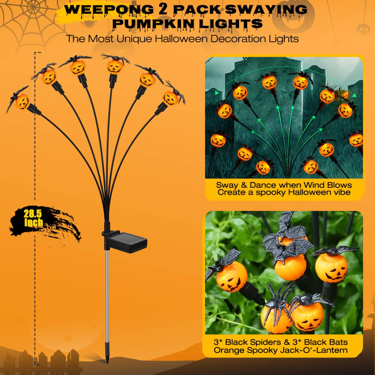 Weepong Halloween Decorations Outdoor 2 Pack Solar Lights, 12 LED Scary Pumpkin Swaying Firefly Lights with Spider & Bats for Outside Garden Yard Lawn Grave Cemetery Ghost Decor Party, Orange