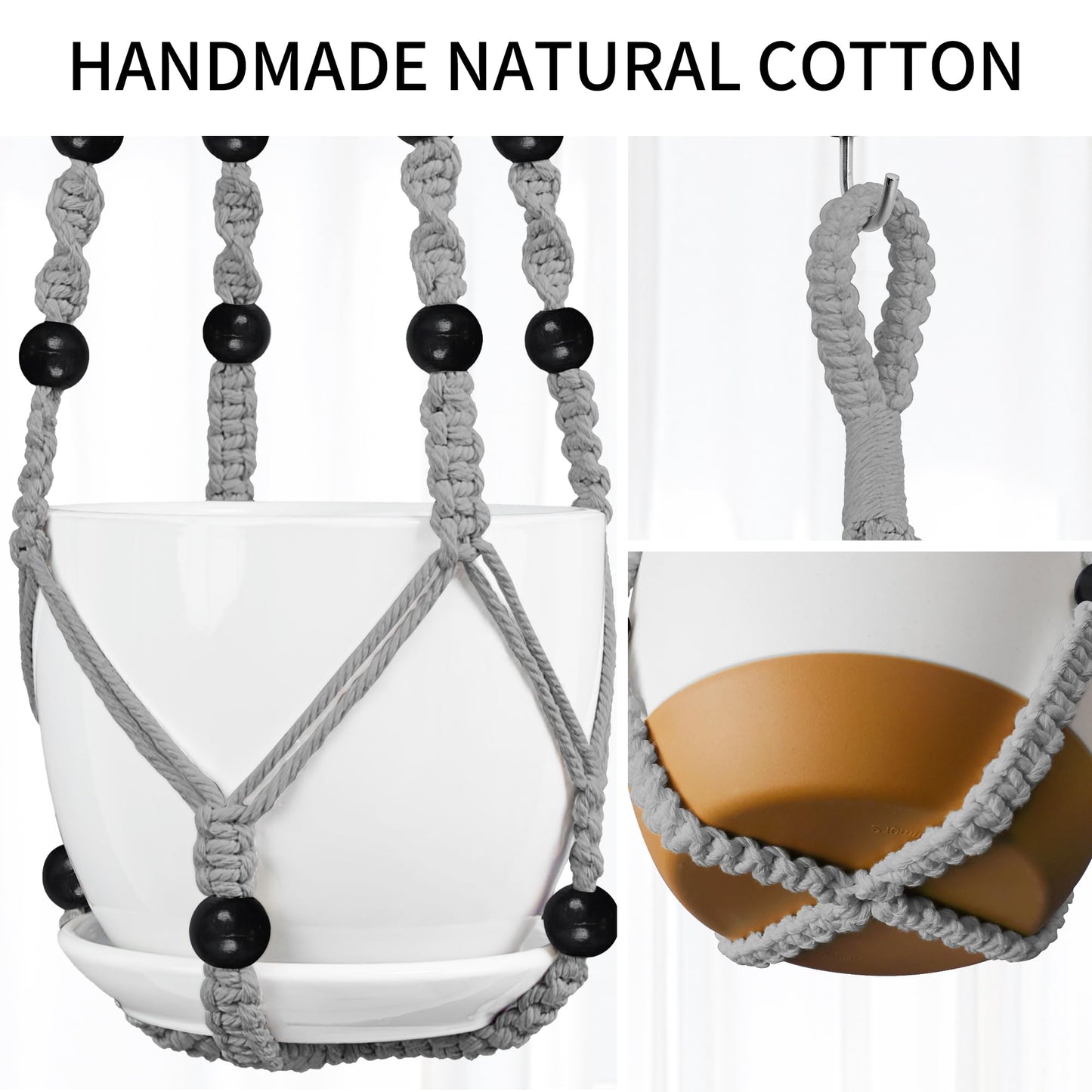 IDEEEPAN Macrame Plant Hanger - Fits 4 to 15 inches Pots for Indoor Outdoor, 43"/35"/29" Different Sizes Set, Gray (POTS NOT Included)