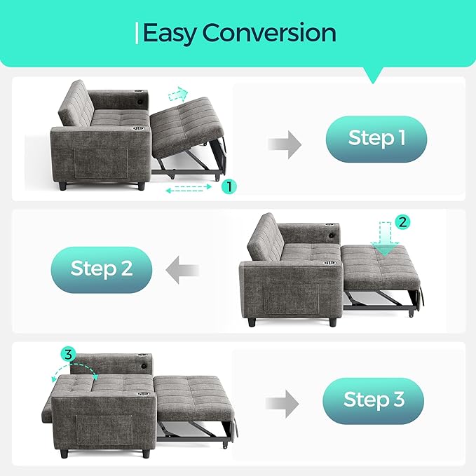 LINSY 54" Pull Out Couch with Charging Station, Small Sleeper Sofa Bed with Cup